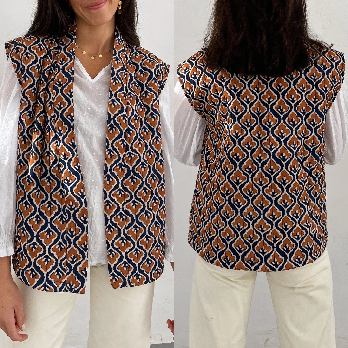 Women's plaid floral sleeveless open-front vest coat, lightweight hand-stitched layering piece