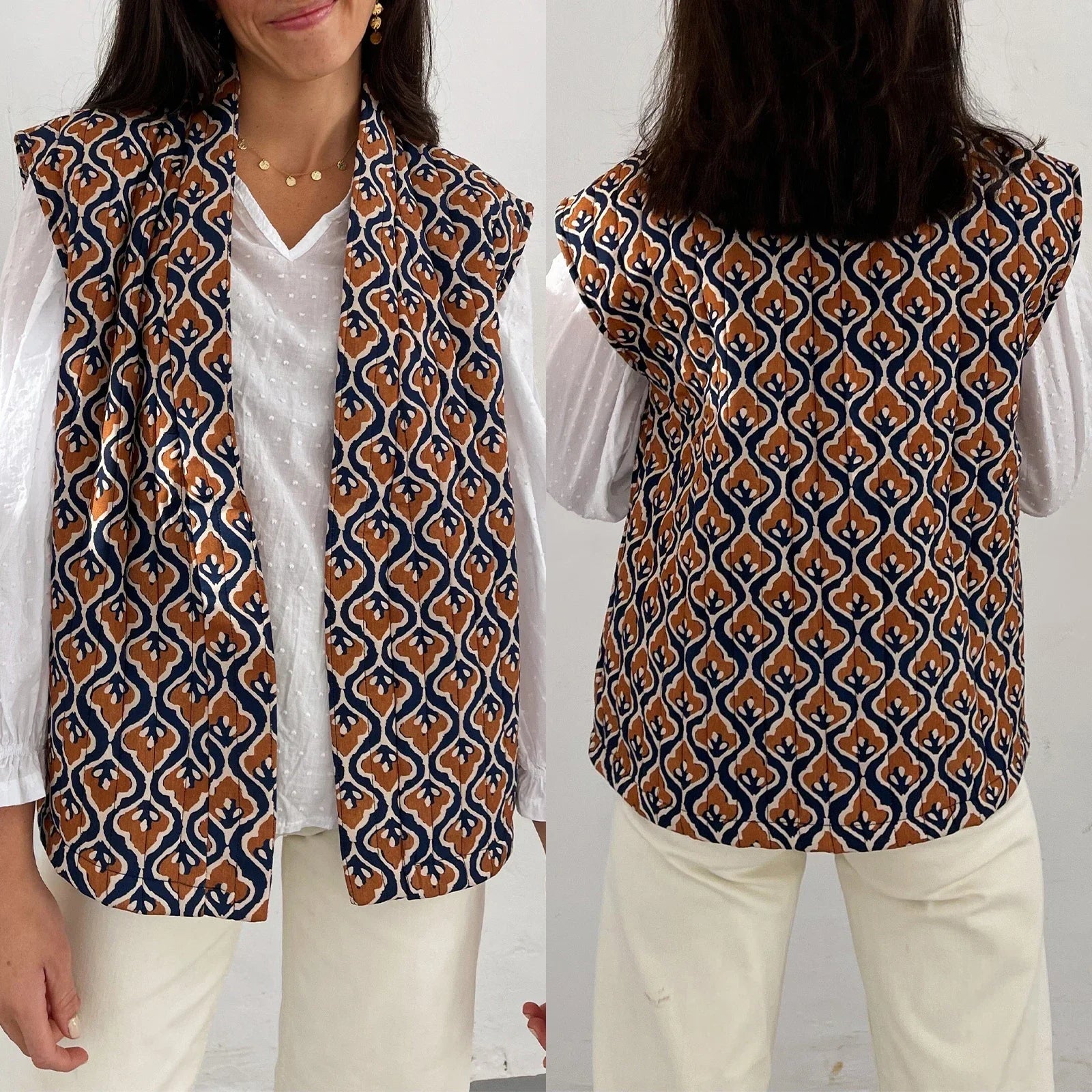 Women's plaid floral sleeveless open-front vest coat, lightweight hand-stitched layering piece