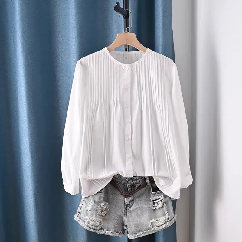 Women's white or black 100% cotton pleated long sleeve blouse with delicate feminine pleats