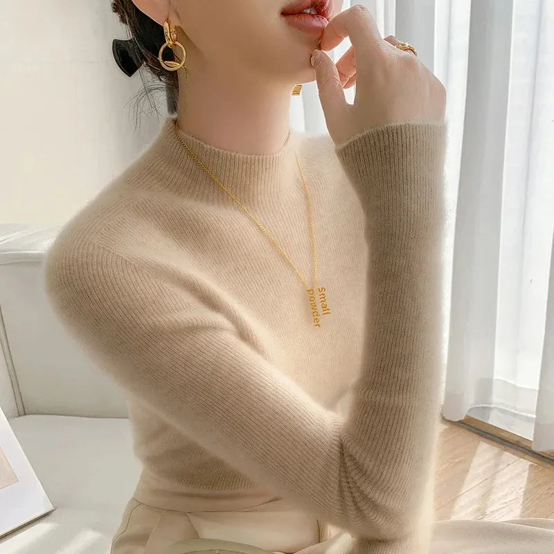 Women's slim fit ribbed mock neck sweater hip-length sleek knit everyday casual style