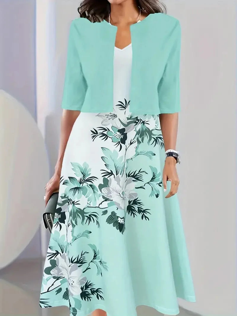 Women's elegant two-piece midi dress blazer set in versatile summer style with polished office-ready coordination