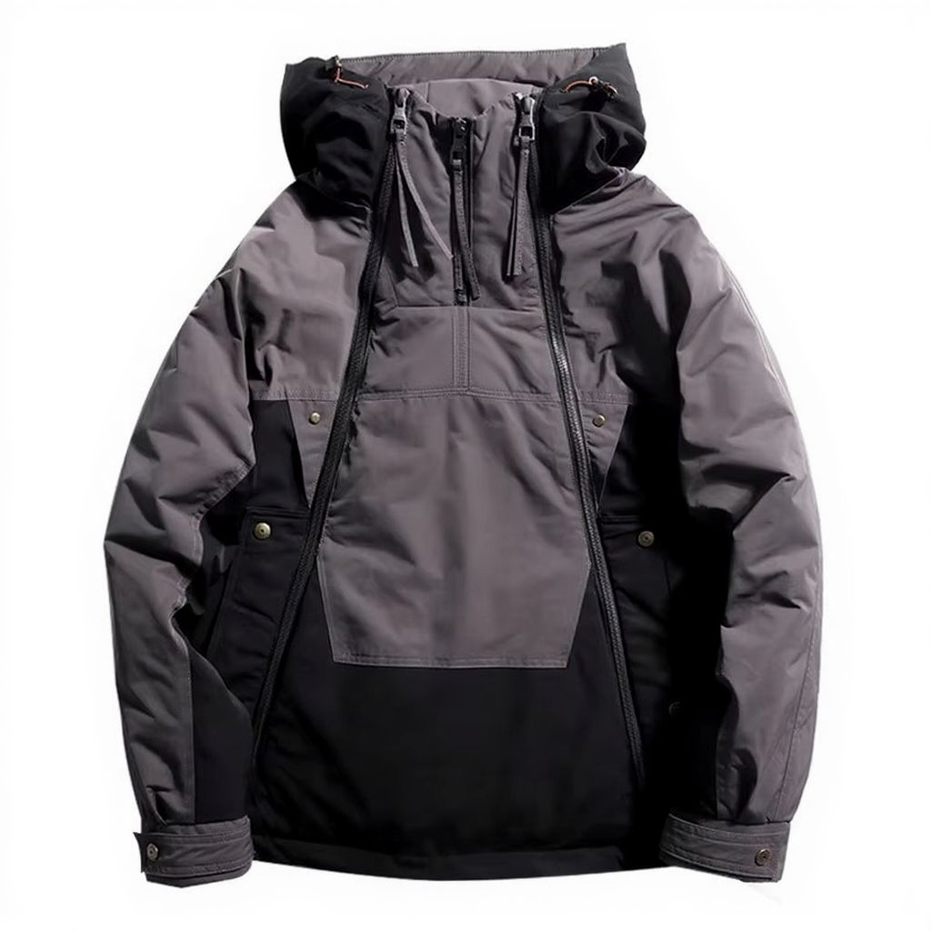 Men's color-block hooded down jacket with double zipper, insulated winter style for cold weather