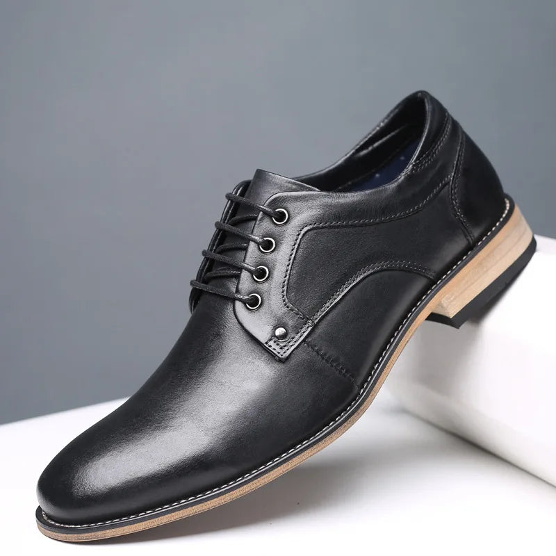Men's brown genuine leather Oxford shoes classic British silhouette low-profile sole polished finish