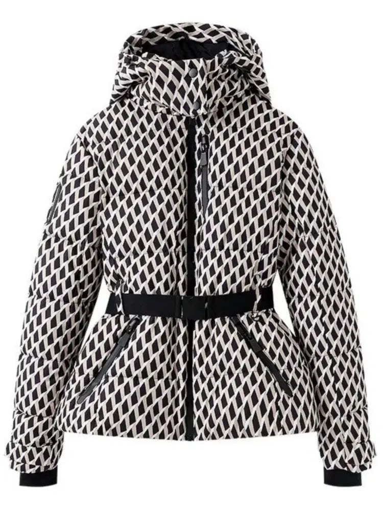 Women's belted puffer jacket metallic finish cinched waist cold weather insulated silhouette
