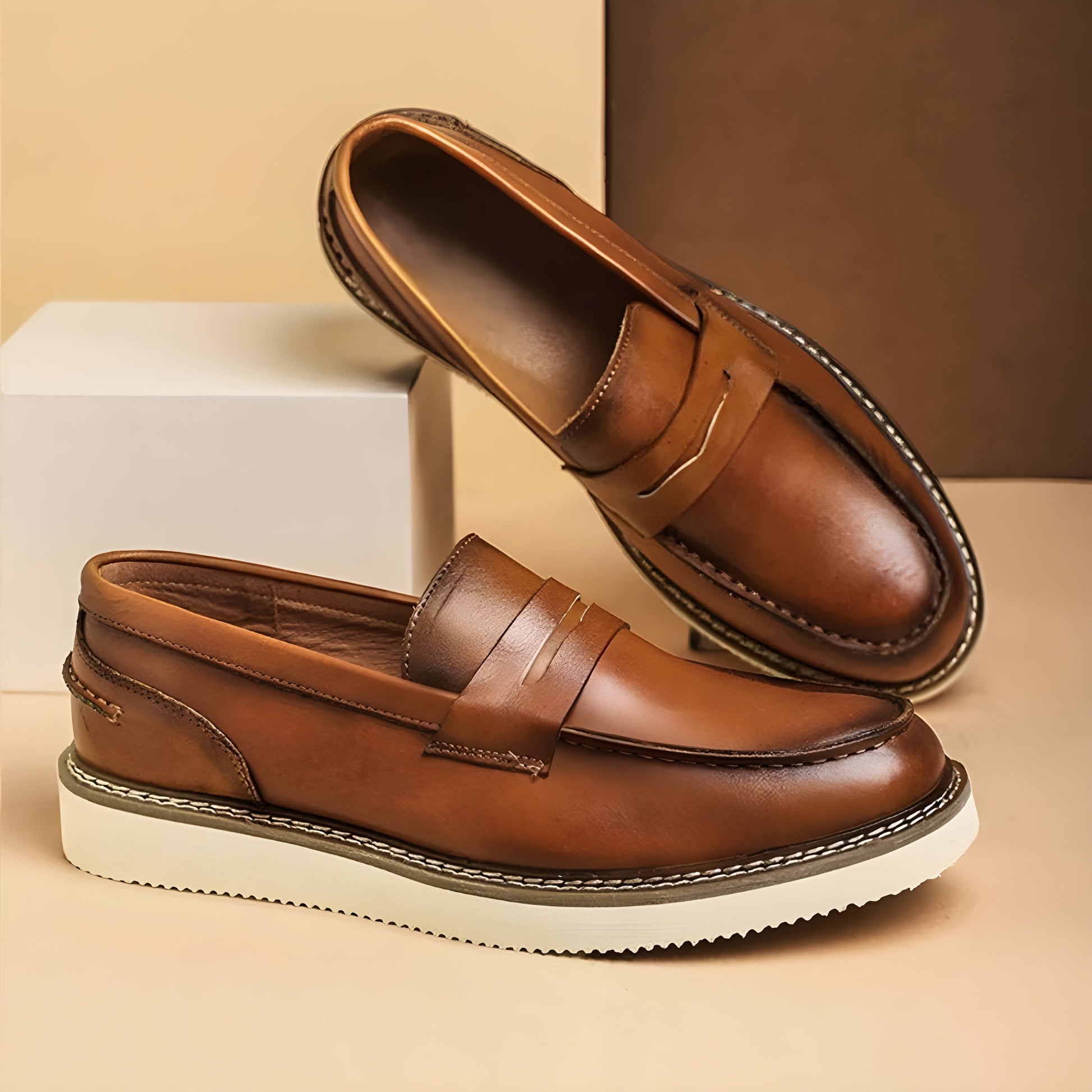 Men's two-tone patina penny loafers premium cowhide leather cushioned insoles classic slip-on style