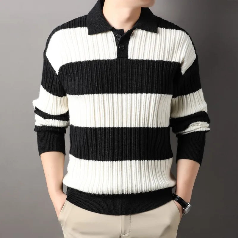 Men's striped ribbed knit polo sweater midweight structured collar smart-casual layering piece