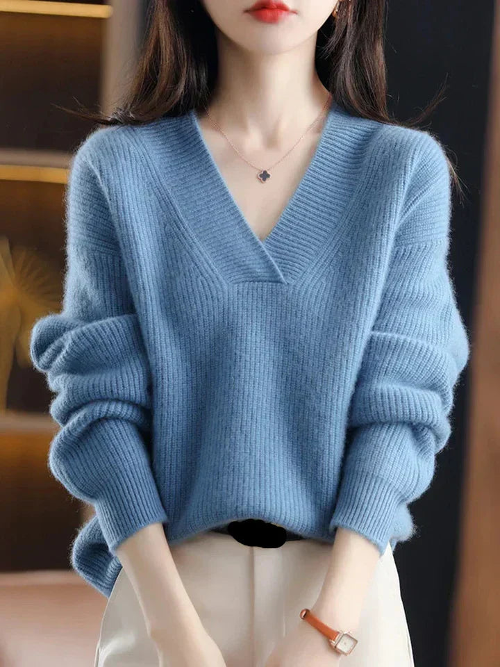 Women's soft knit V-neck pullover sweater relaxed fit with ribbed trim cozy essential