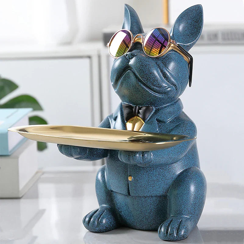 Bulldog figurine tray with gold bow tie resin desk organizer whimsical luxury home decor for dog lovers