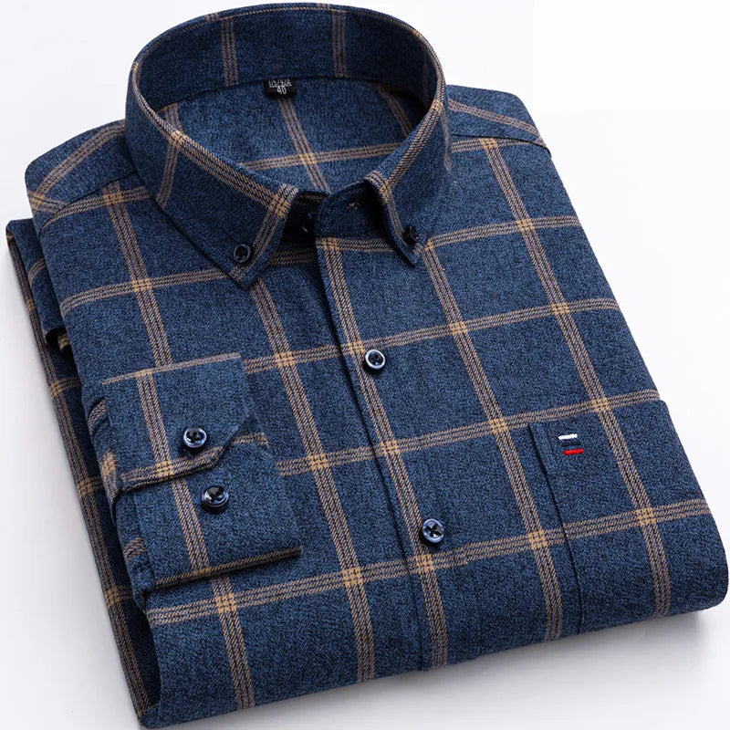 Men's blue checkered button-down shirt with classic plaid pattern for casual and semi-formal wear