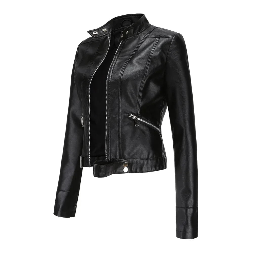 Women's black faux leather cropped jacket with stand collar, sleek slim fit for day-to-night style
