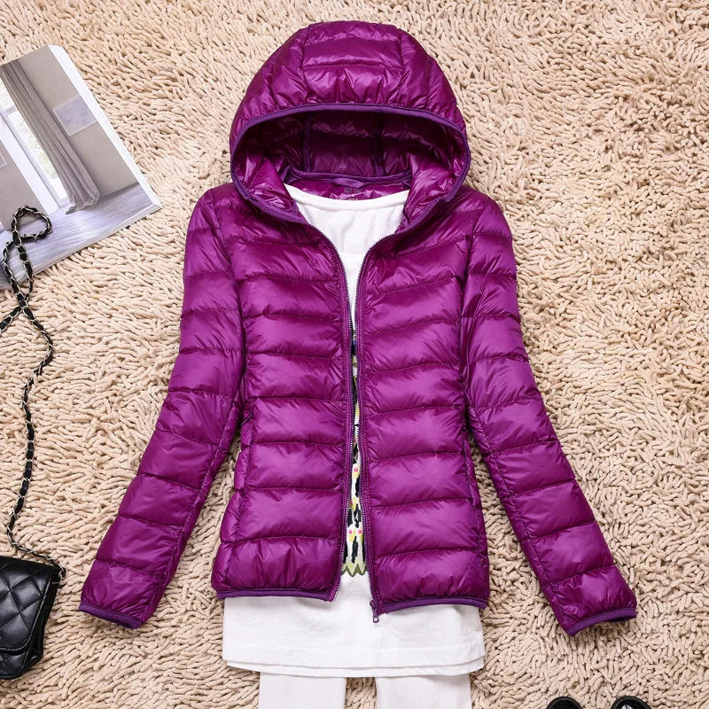 Women's taupe ultralight packable long down jacket with hood, travel-ready everyday warmth