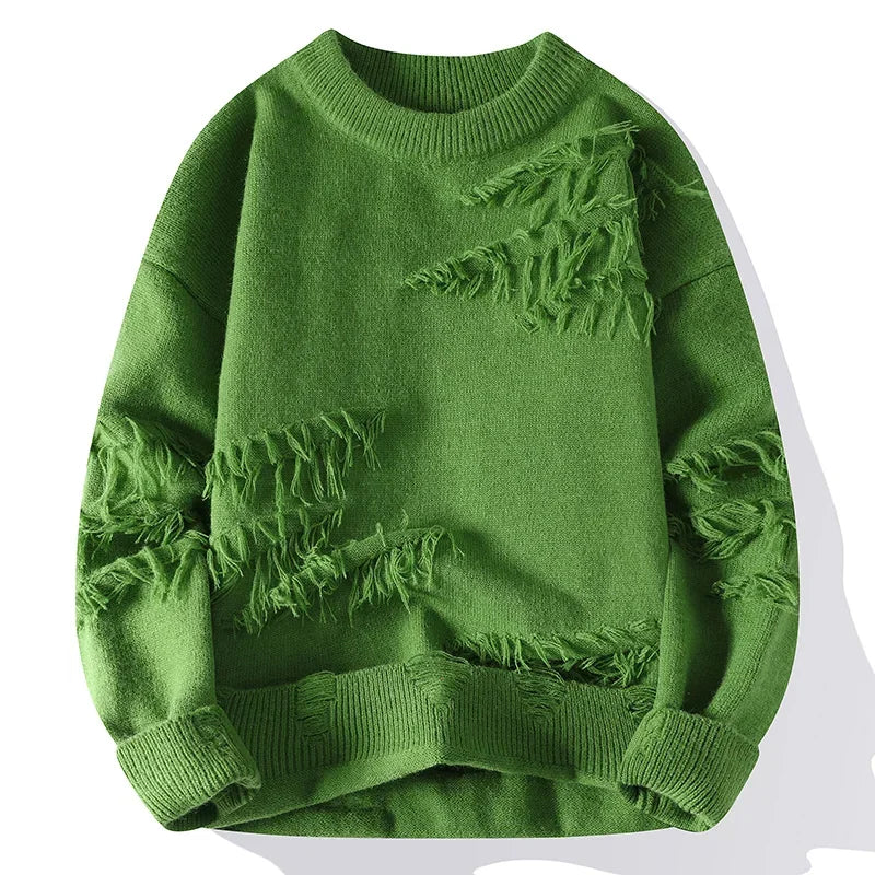 Unisex distressed crewneck sweater soft knit with frayed accents rugged modern everyday style