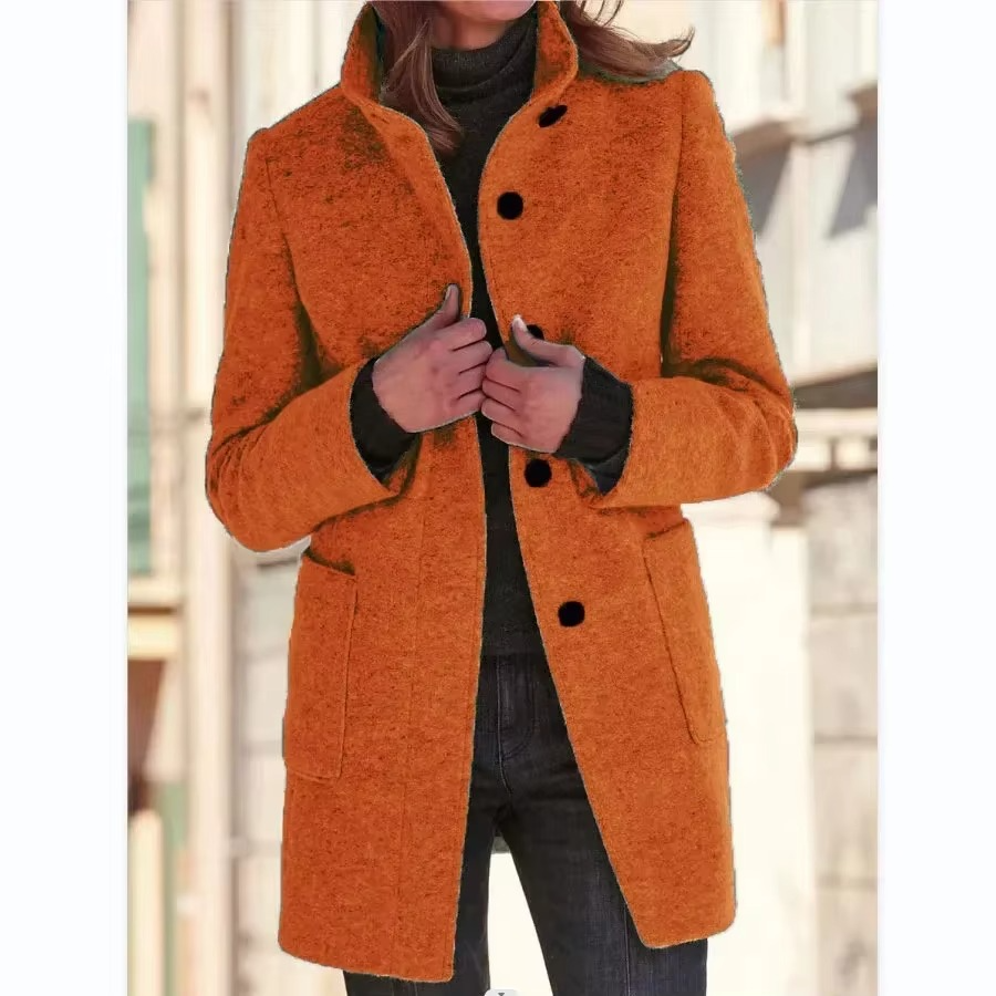 Black women's cotton coat stand collar long sleeve casual style with button pockets, spring 2025