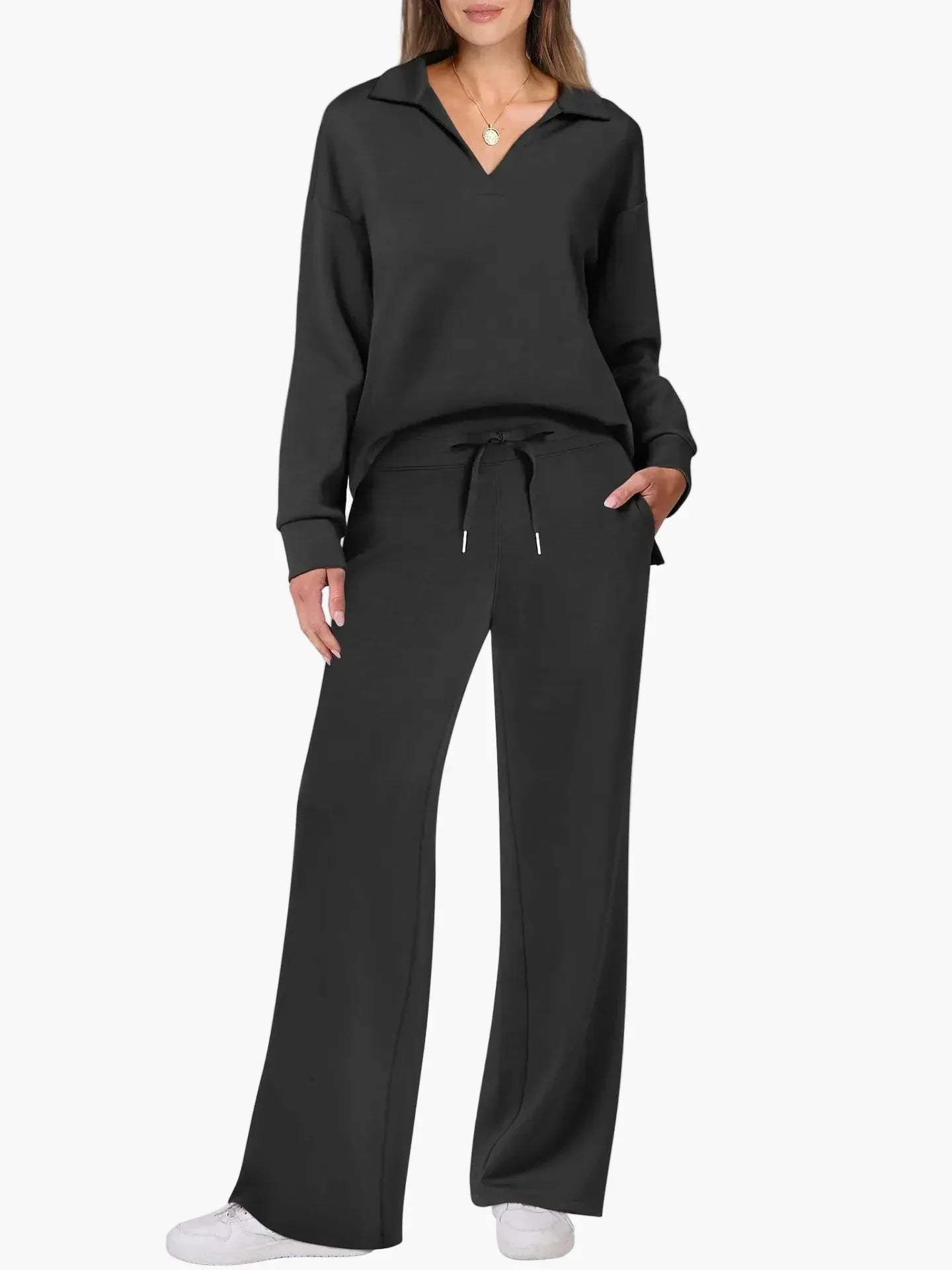 Women's wide-leg lounge set V-neck collared top drawstring pants travel-ready two-piece comfort