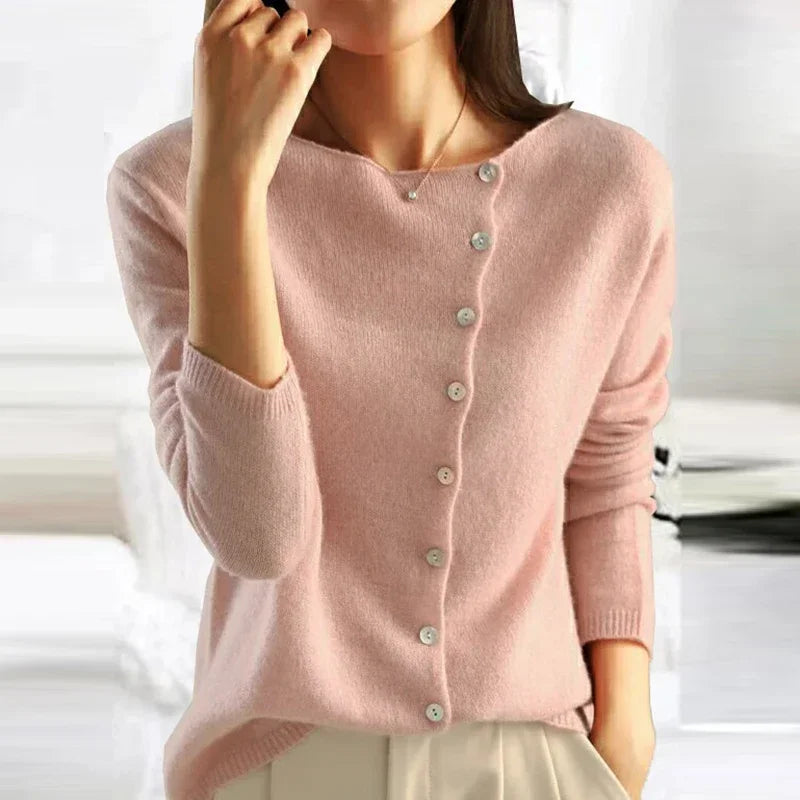 Women's cozy winter knit sweater in warm tones, premium jersey blend with timeless elegant style