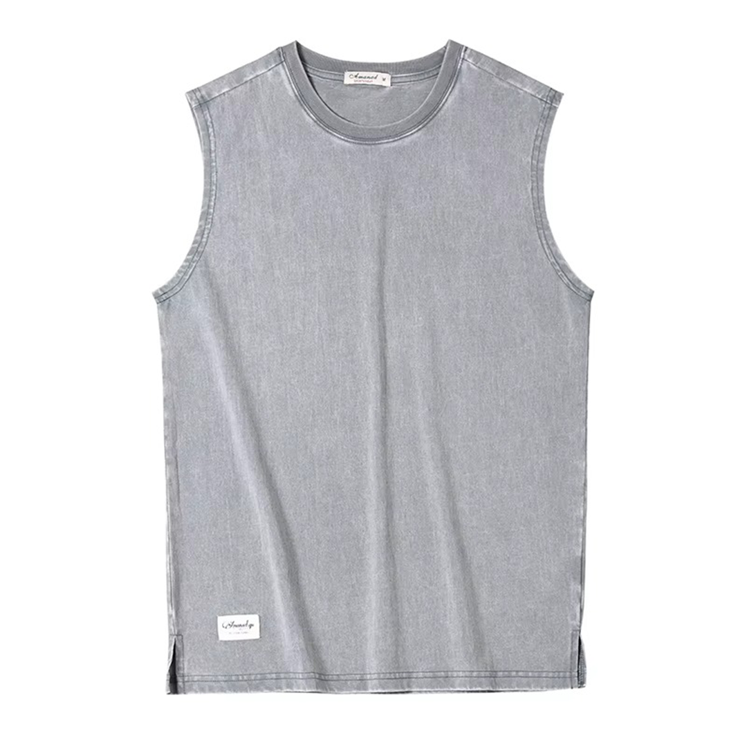 Washed cotton sleeveless tank top relaxed fit faded tones raw edges unisex casual wear