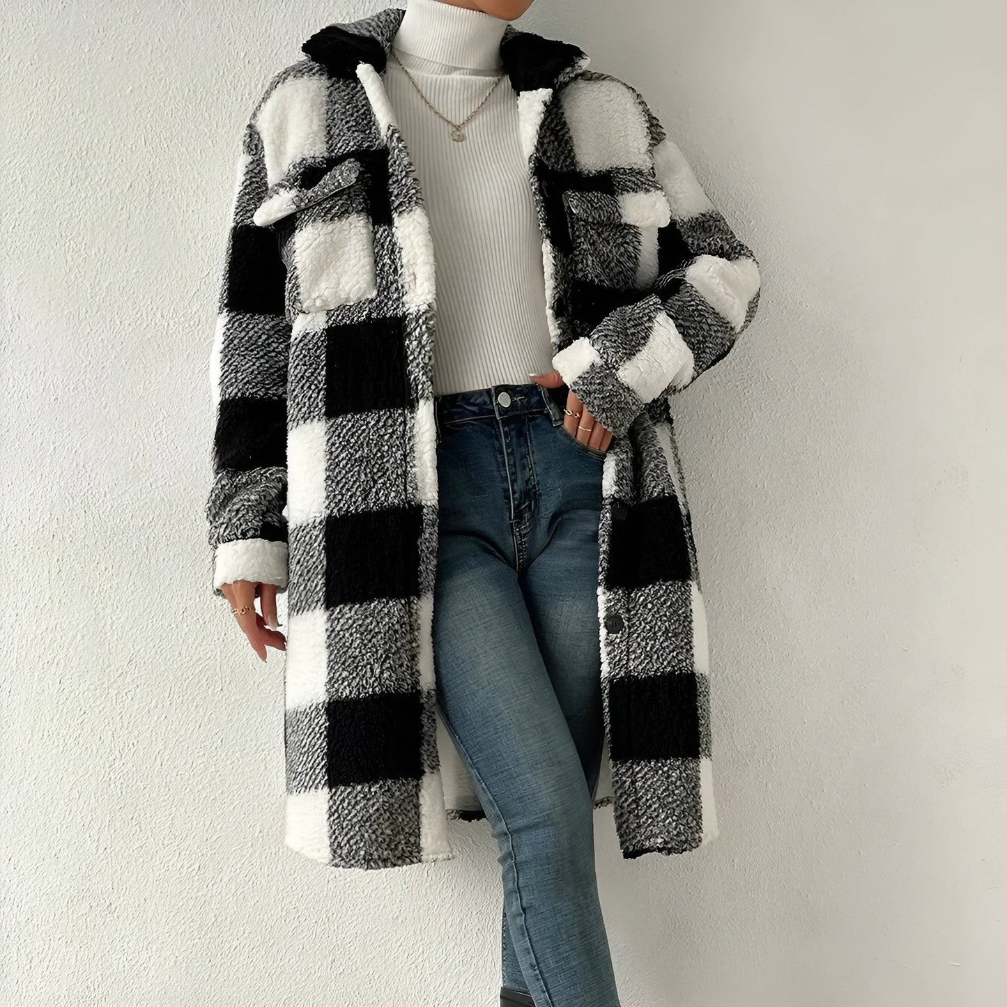 Women's plaid fleece coat cozy oversized layering essential for cold fall mornings