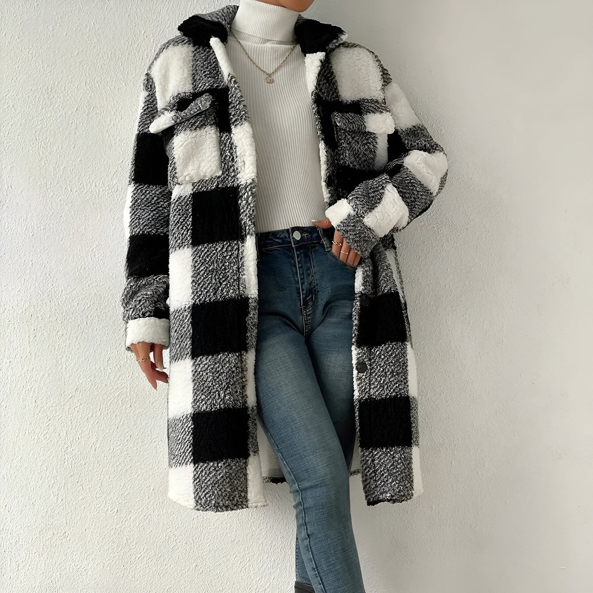 Women's plaid fleece coat cozy oversized layering essential for cold fall mornings