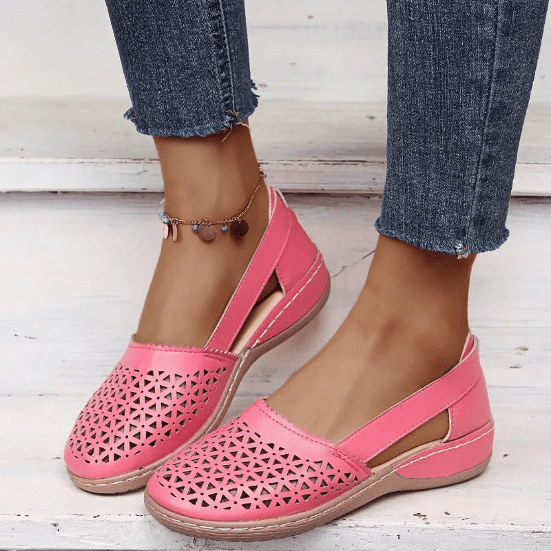 Women's beige slingback shoes with breathable cutout upper design and cushioned support for all-day comfort