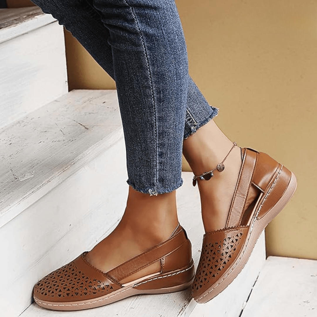 Women's beige slingback shoes with breathable cutout upper design and cushioned support for all-day comfort