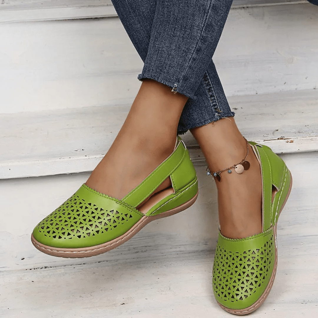 Women's beige slingback shoes with breathable cutout upper design and cushioned support for all-day comfort