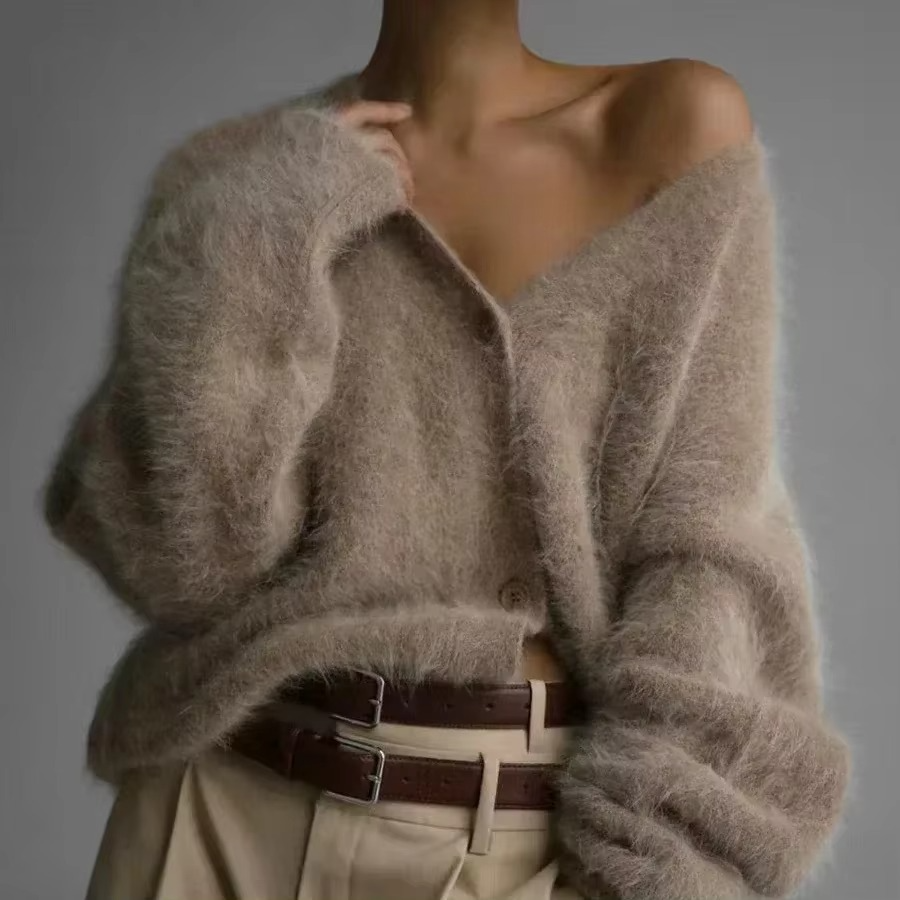 Women's oversized knit cardigan, V-neck button-down sweater coat in soft plush cozy everyday layer