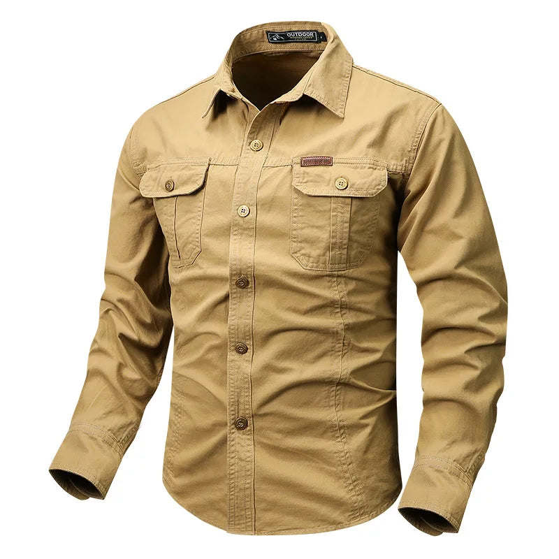 Men's olive utility button-down shirt with rugged fabric and multiple cargo pockets for outdoor adventures