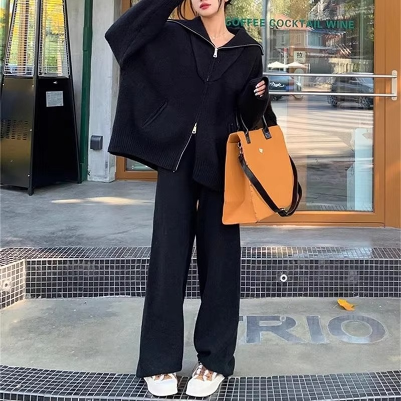 Women's knit two-piece set with zip sweater coat and wide-leg pants, effortless chic winter look