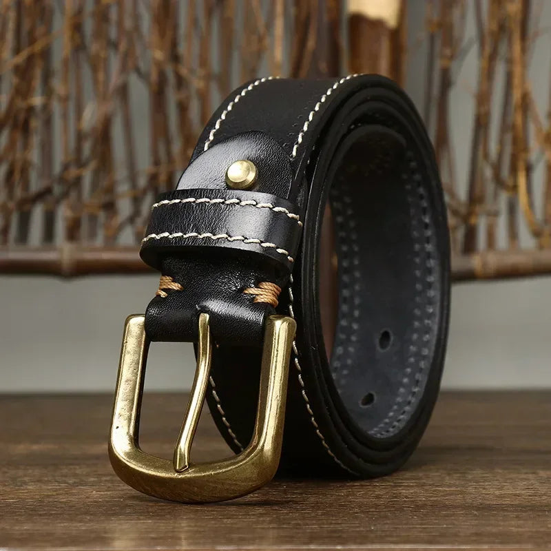 Men's full-grain buffalo leather belt in tan with contrast stitching and brass-tone buckle