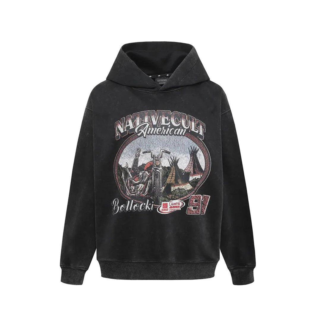 Native Cult washed vintage hoodie oversized grey cotton streetwear motorcycle graphic print
