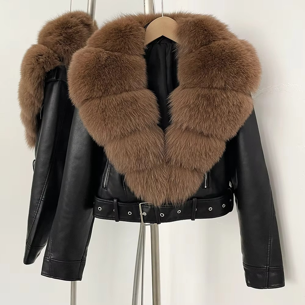 Women's black faux leather coat with faux fur collar, lightweight chic winter style