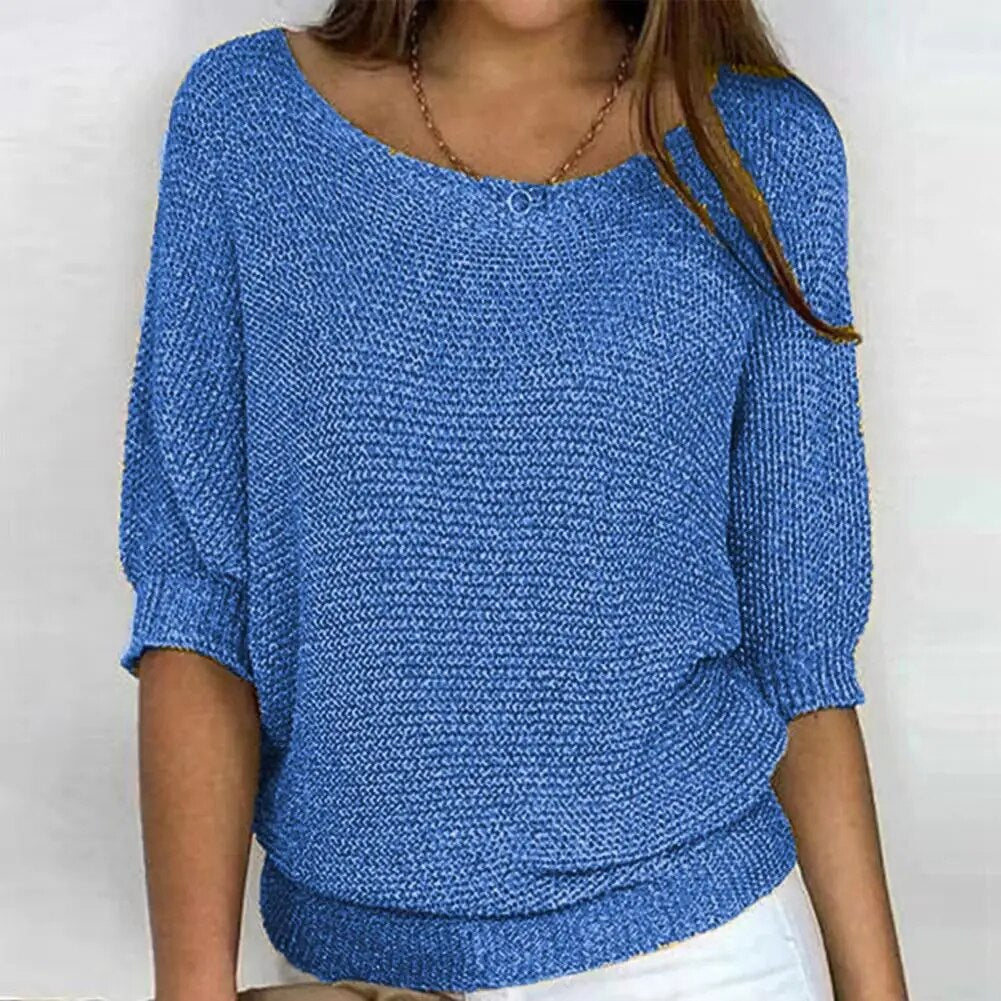 Women's loose knit sweater half sleeves relaxed fit wide neckline casual airy layering piece
