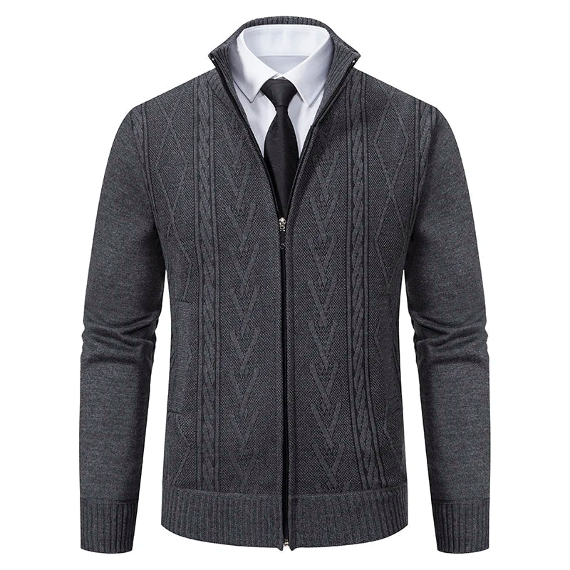 Men's slim fit wool cable knit full zip cardigan sweater with stand collar in classic neutral tones