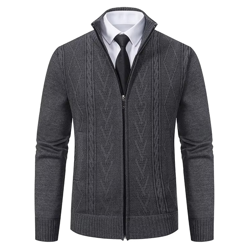 Men's grey cashmere padded knit sweater jacket with modern slim fit and insulated quilted panels