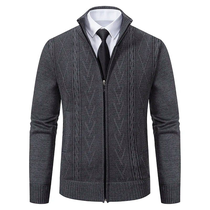 Men's gray cable knit zip-up sweater with stand collar and geometric textured front panel