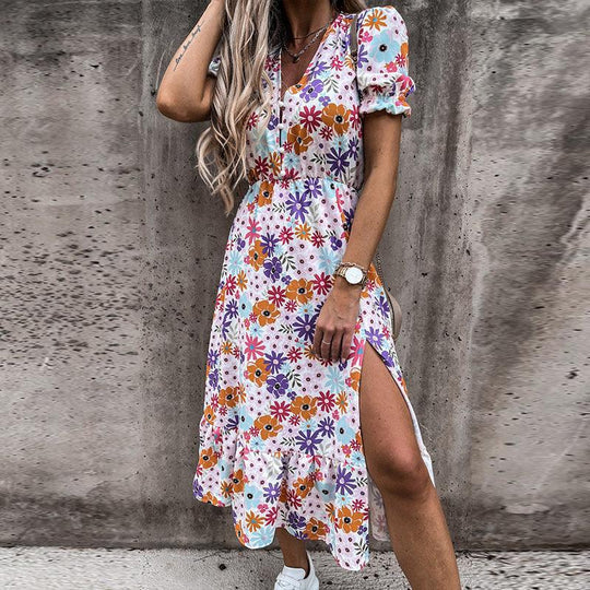 Poppy | Women's Floral Midi Dress V-Neck Smocked Waist Side Split