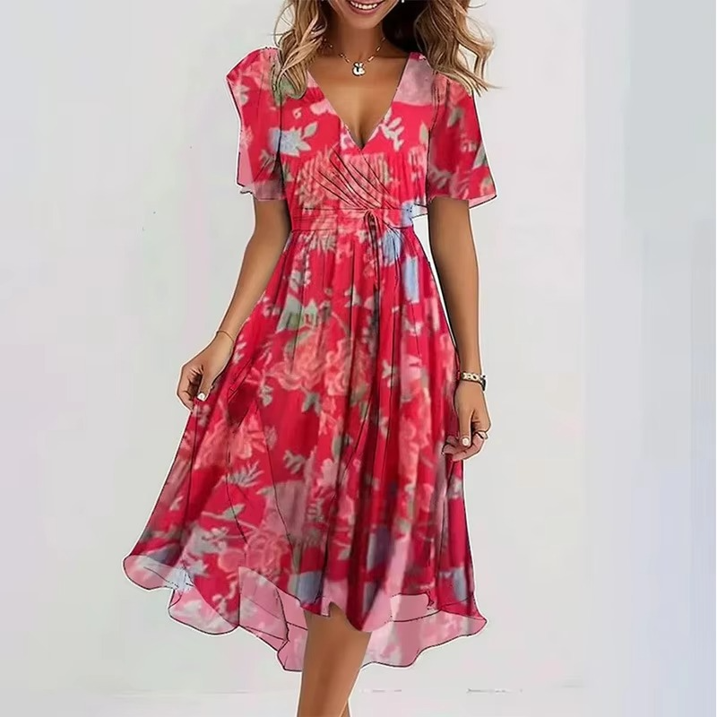 Women's floral print V-neck loose fit summer dress with short sleeves, breathable lightweight fabric