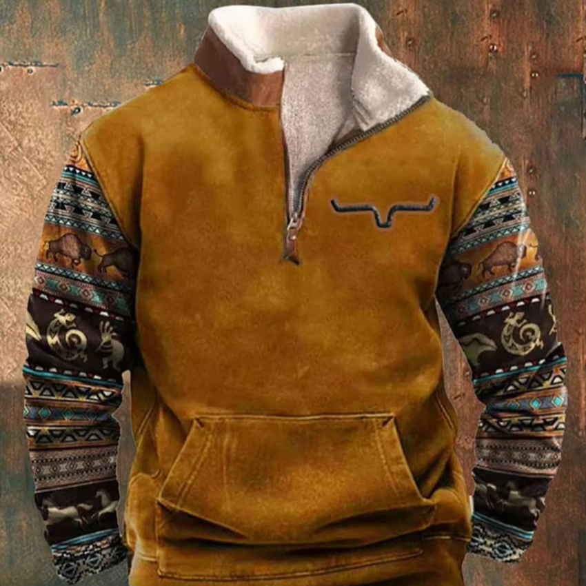 Men's retro 3D printed hooded jacket with faux leather collar, bold streetwear style