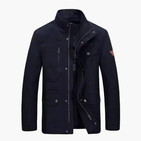 Men's olive green mid-length outdoor jacket with stand-up collar and multiple utility pockets