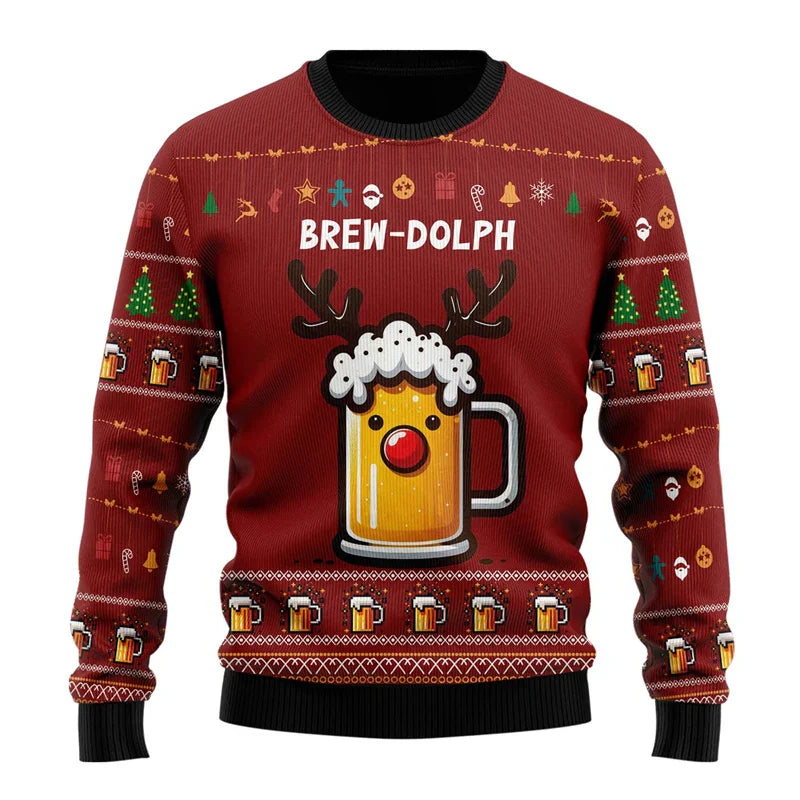 Men's red cozy Christmas sweater with funny festive holiday print, relaxed fit winter pullover