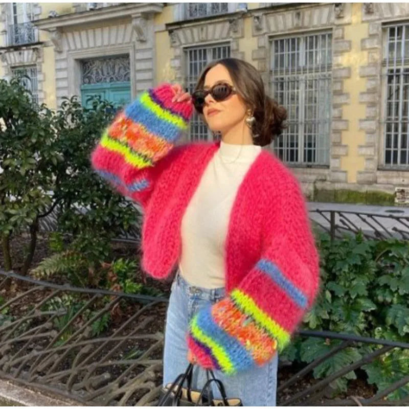 Women's multicolor knitted cardigan relaxed fit cozy layering essential with vibrant pattern