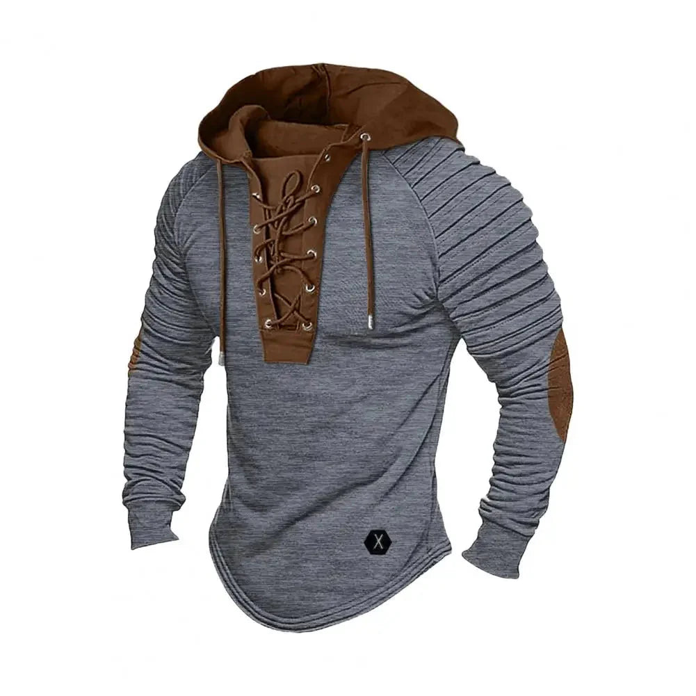 Men's slim fit hoodie with lace-up hood detail, modern silhouette casual pullover in neutral tone