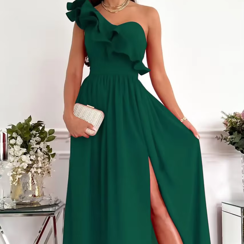 Women's one-shoulder maxi dress with ruffle edge, side slit, asymmetrical neckline, event-ready style