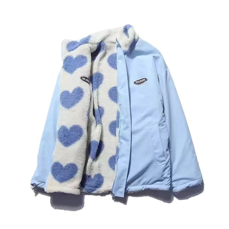 Women's elegant coat with romantic double-sided heart design, chic sustainable outerwear for modern style