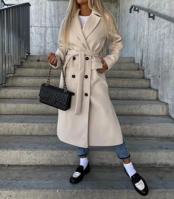 Addison women's classic beige trench coat long sleeve tailored silhouette with button details