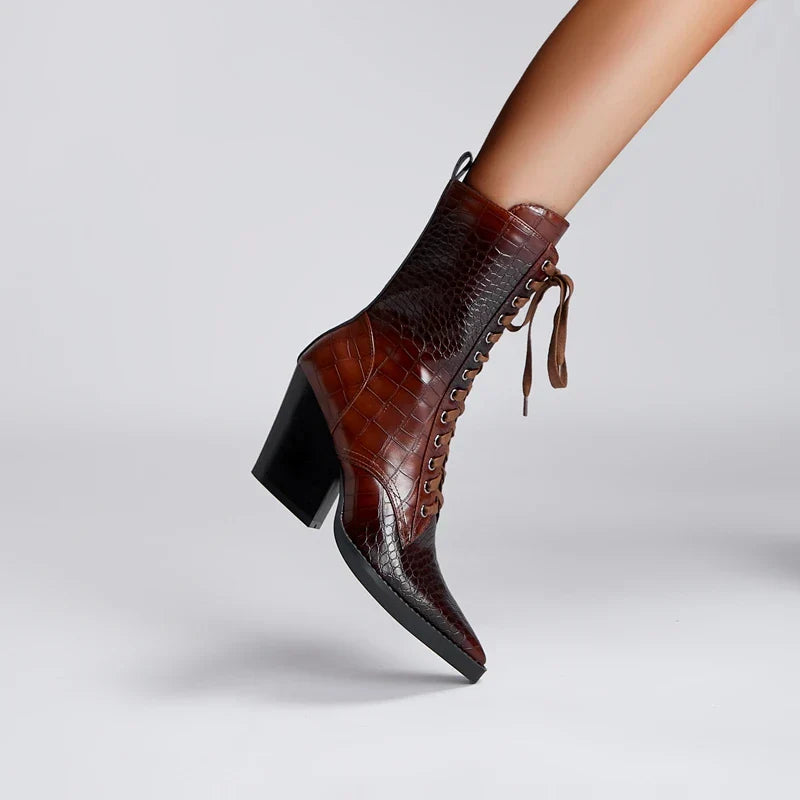 Women's western lace-up boots tan crocodile embossed leather pointed toe rodeo city style
