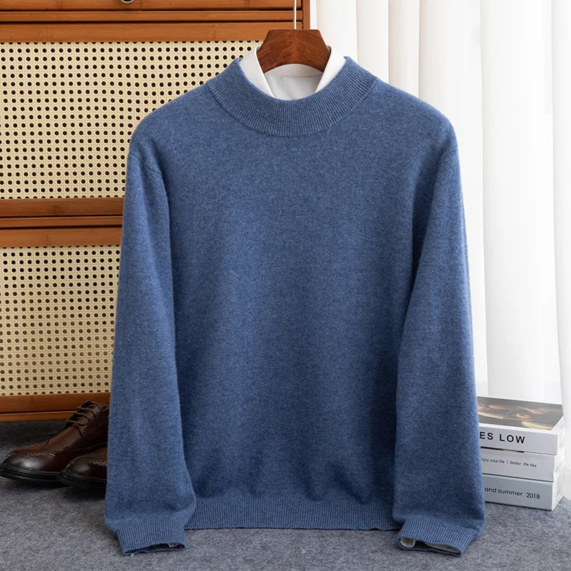 Men's wool pullover sweatshirt cozy fit half-high neck ribbed cuffs casual relaxed silhouette