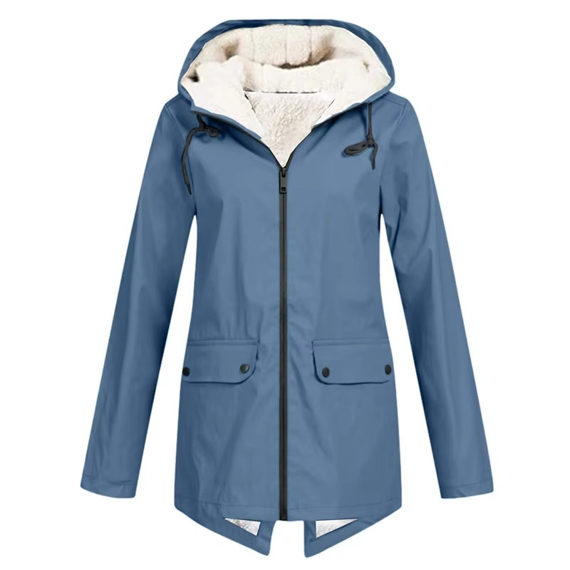 Women's waterproof hooded trench coat windbreaker with velvet lining, slim fit, all-weather style