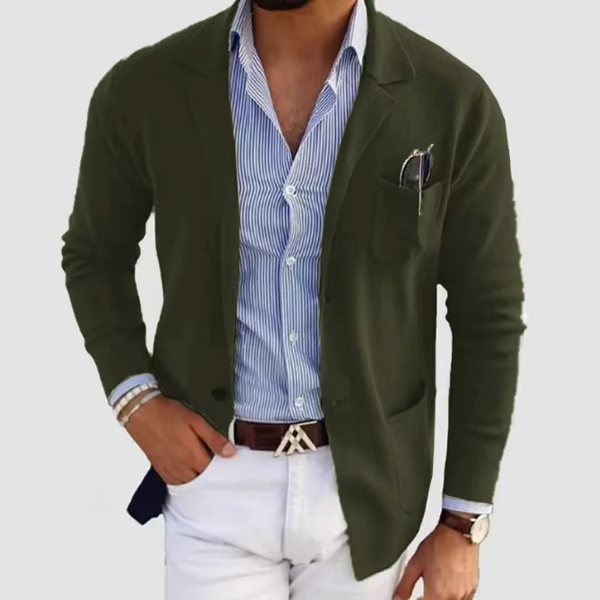 Men's gray knitted cardigan coat with turn-down collar, single button closure and multiple pockets