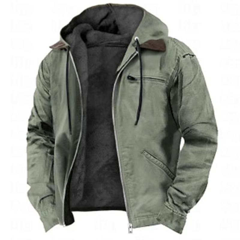 Men's winter fleece hooded jacket warm lining full-zip casual outdoor wear with zipper pockets